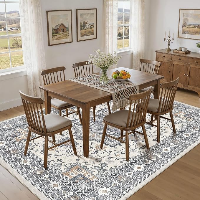 UERMEI 10x12 Area Rug Living Room Rugs - Washable Vintage Soft Large Rug Indoor Floor No Slip Rug Carpet for Bedroom Farmhouse Under Dining Table Home Office Decor - Grey-Orange