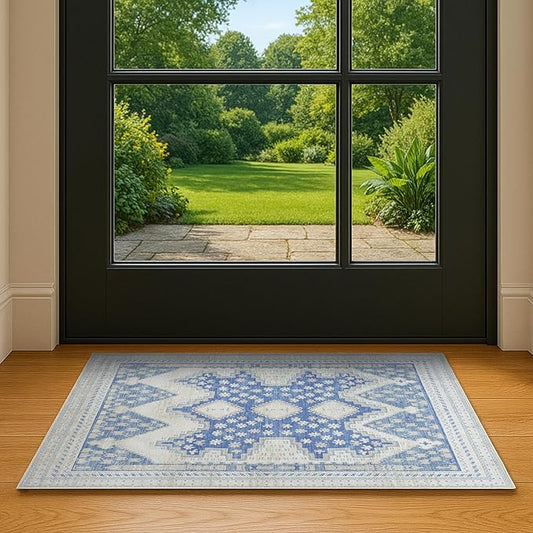 Beige Blue Oushak Area Rug 2'5x5' - Washable Area Rugs, Non-Slip Small Throw, Vintage Low Pile Turkish Eclectic Pastel, Accent Area Rug for Living Room, Bedroom Kitchen, Bathroom, Kids Room