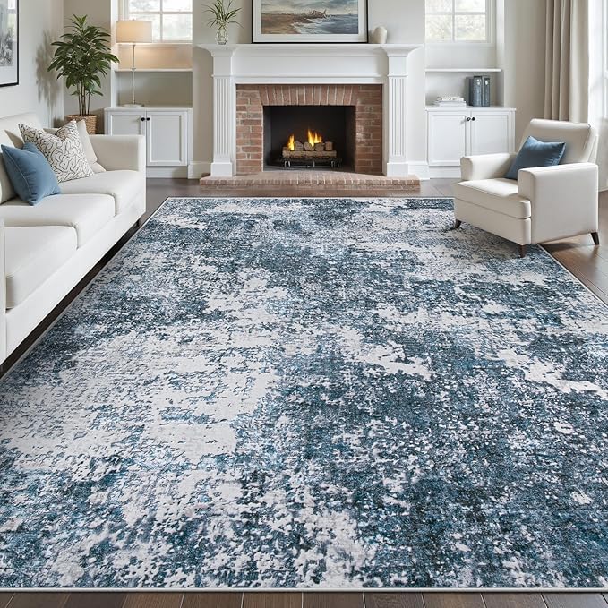 pmtsns Area Rugs 9x12 for Living Room: Washable Rug Modern Abstract Neutral Soft Non-Slip Low-Pile Indoor Large Carpet for Bedroom Dining Room Playroom Home Office (Blue Grey, 9'x12')