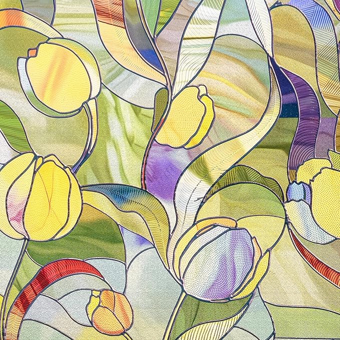 3D Stained Glass Window Film, Decorative Window Privacy Film for Bathroom,Front Door,Home, Sun Blocking Heat Control,Static Cling, Moonlight Tulip, 23.6inch x 35.4inch