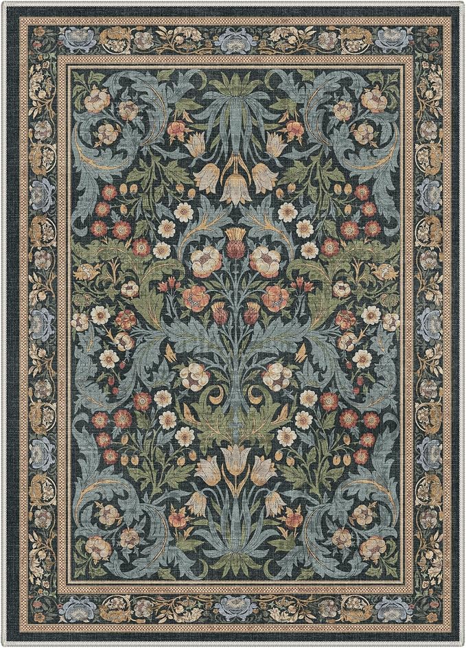 GENIMO 8x10 Washable Area Rugs for Living Room, Non Slip, Center Blue | Vintage Boho Floral Low Pile Thin Carpet for Bedroom, Dining Room, Nursery, Indoor Decor