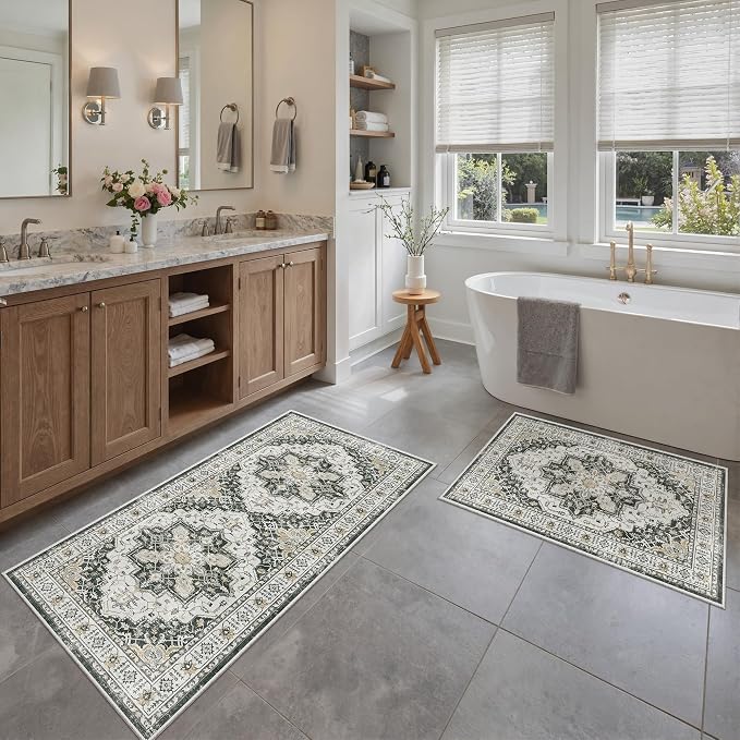 Madane 2-Piece Area Rugs Set, Small Kitchen Runner Non-Slip, Black | Rug Runners Vintage Door Mat Indoor Entrance, Low Pile Floor Carpet for Inside Front Bedroom Entryway Entry Laundry 2x3+2x4