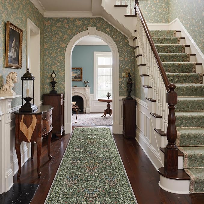 GENIMO 2.5x8 Washable Hallway Runner Rug, Non Slip, Emerald Green | Vintage Boho Floral Low Pile Thin Mat for Entryway, Kitchen, Bedroom, Indoor Decor