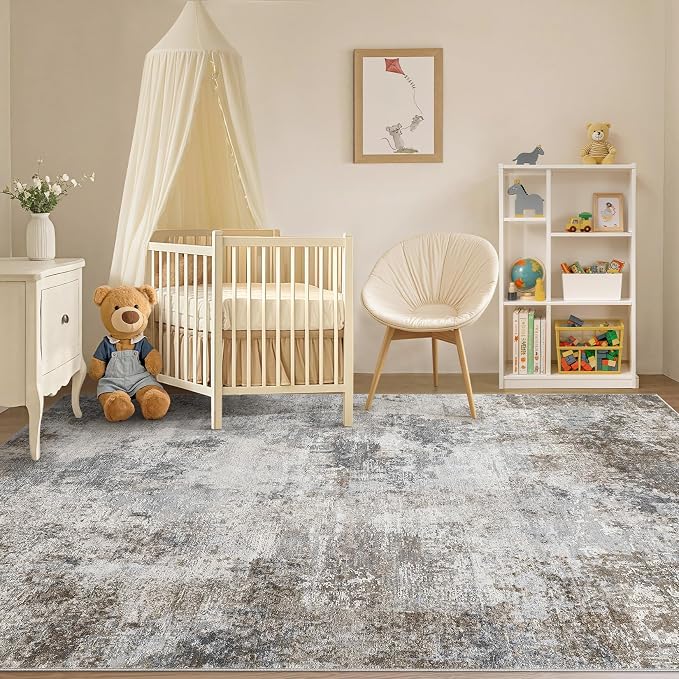 Tortania Washable 6x9 Area Rug for Living Room: Modern Abstract Neutral Large Soft Thin Rugs - Non Slip Indoor Carpet for Bedroom Dining Room Office Nursery Home Floor Decoration - Ash Taupe