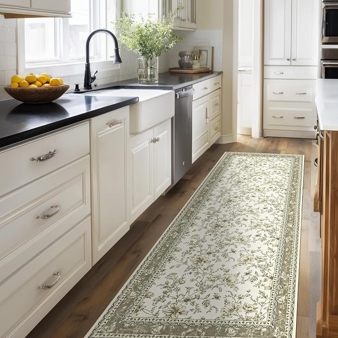Beige Tan Neutral Boho Washable 3x8 Extra Long Hallway Runner Rug, Extra Large Kitchen Floor Rug Indoor Entryway Non-Slip Low Pile Machine Washable, Farmhouse Light Taupe Pattern Floral Design
