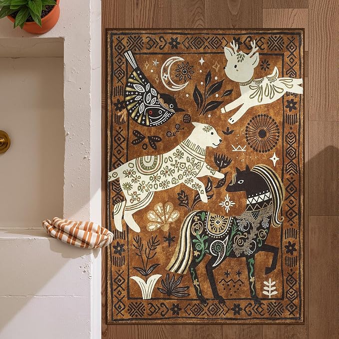 jinchan 2x3 Cute Area Rug Kids Washable Fun Rug Earthy Brown Starlit Boho Small Mat Non Slip Doormat Lightweight Soft Cozy Animal Throw Carpet for Entryway Nursery Playroom Bedside Bathroom