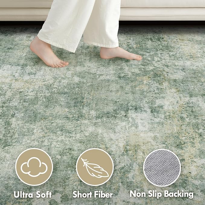 Tortania Washable 5x7 Area Rug for Living Room: Modern Abstract Neutral Large Soft Thin Rugs - Non Slip Indoor Carpet for Bedroom Dining Room Office Nursery Home Floor Decoration - Olive Green