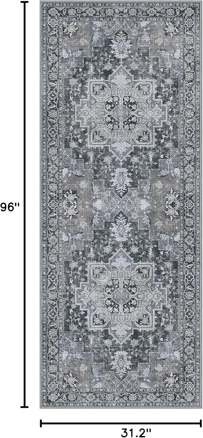 GENIMO 2'6''x8 Runner Rugs for Hallway, Machine Washable Non Slip Vintage Rugs, Low Pile Lightweight Soft Print Rug for enrtyway, Corridor, Home Office, Kitchen,Dark Gray