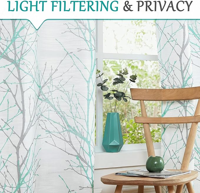 FMFUNCTEX Linen Semi Sheer Curtains for Bedroom, Auqa Blue White Curtains 84 Inches Long for Living Room, Grey Tree Branch Patterned Curtain Light Filtering Window Drapes, Grommet Top 2 Panels