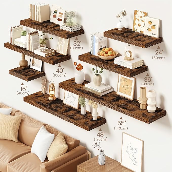 Vivelove Floating Shelves for Wall Mounted, 48 Inches Long Shelves, Display Shelf for Bathroom Living Room Kitchen Bedroom Office Farmhouse Home Decor, 48" X 9.3" X 1.5" - Set of 1, Rustic Brown