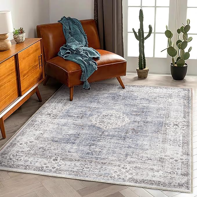 CHAMPLANT Washable Area Rug 3'x5' Vintage Traditional Floor Cover Foldable Thin Rugs Retro Kitchen Indoor Distressed Non Slip Carpet Floral Print Mat Bedroom Living Room