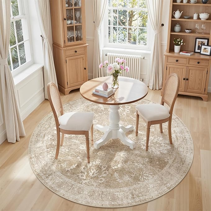 Madane Washable Round Rug 6ft for Living Room, Soft Ultra-Thin Non-Slip Vintage Floral Circle Area Rug, 6x6 Round Throw Carpet for Entryway Nursery Bedroom Kitchen Dining Room (Beige/Brown, 6'Round)
