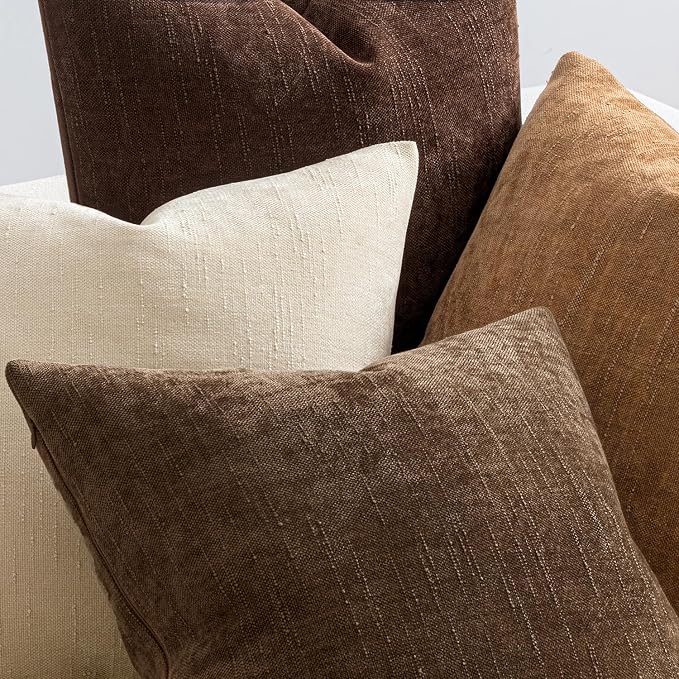MIULEE Pack of 4 Fall Decorative Throw Pillow Covers 18x18 Inch Chenille Textured Throw Pillows Boho Farmhouse Rustic Cushion Covers Vintage Home Decor for Couch Sofa Bed Living Room，Dark Brown