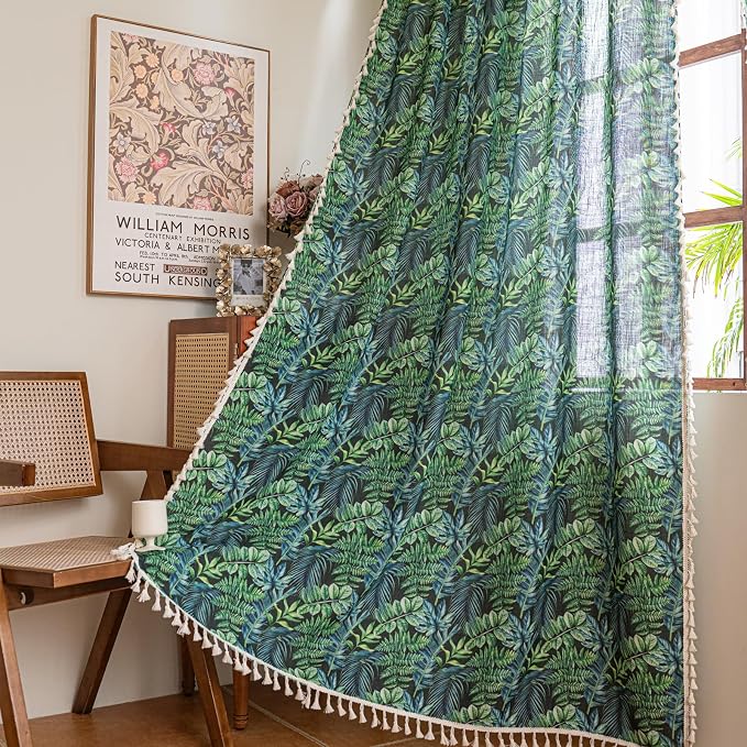 Deeprove Boho Curtains Tropical Botanical Leaves Print 63 Inches Long Fringes Natural Rainforest Plant Window Treatments for Summer Bedroom Aesthetic Privacy 2 Panels Pair 52W x 63L