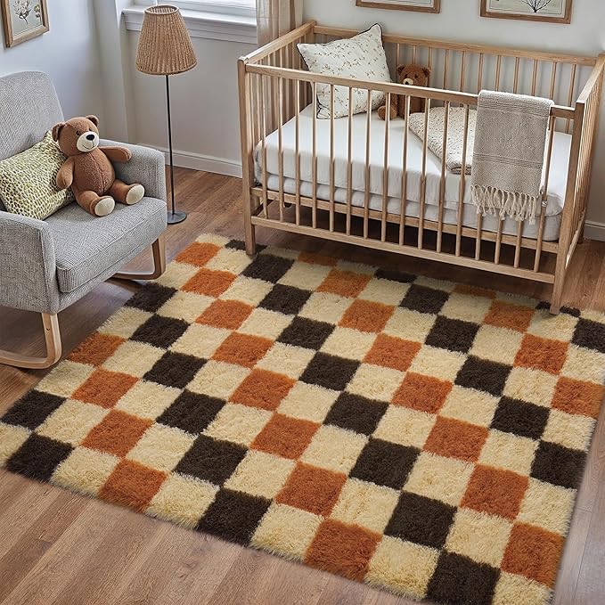 PureCozy Checkered Rug 4x6 for Living Room, Colorful Modern Shag Rug Super Soft Washable Fluffy Rugs Indoor Fuzzy Carpet for Bedroom Home Dorm Aesthetic Decor