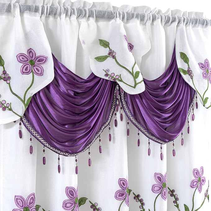 Petrichor Embroidered Sheer Curtain 2 Panels Set - Luxury Window Curtain Attached Valance with Satin Backing and 2 Tie Backs for Living Room,Dining Room, 54x84 inches, Lavender