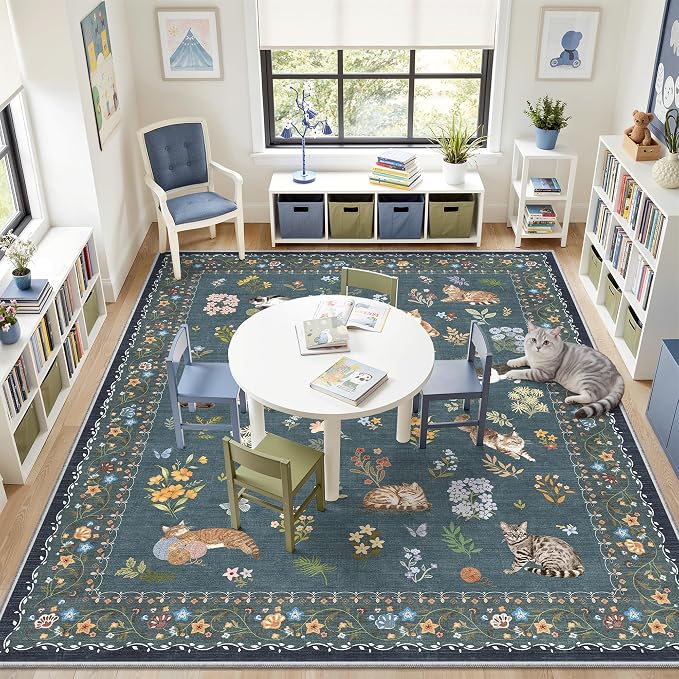 Soalmost Cat 8x10 Area Rugs for Living Room, Machine Washable Animal Floral Vintage Rug Non-Slip Low Pile Soft Throw Large Rugs for Classroom Bedroom Dining Room Nursery Playroom (8 x 10,Navy Blue)