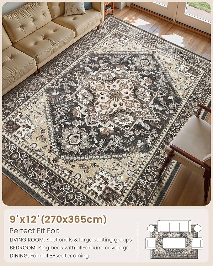 9x12 Vintage Area Rug: Washable Neutral Soft Non Slip Thin Large Floor Carpet for Living Room Bedroom Kitchen Dining Room Home Office Farmhouse Indoor - Black