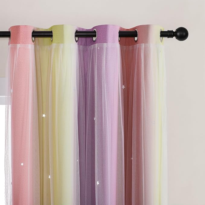 XiDi Curtains for Bedroom Decor, Rainbow Pink PurpleYellow52/54/1