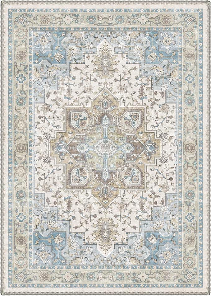 GENIMO 5x7 Floral Medallion Area Rug Machine Washable Non Slip Low Pile, Lightweight Print Pattern Rugs for Living Room Bedroom Dining Room, Dusty Blue