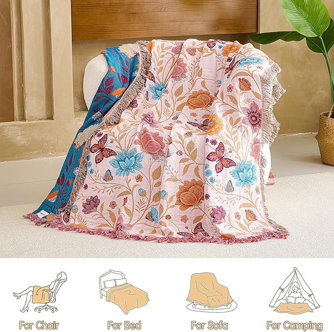 VANJOROY Boho Throw Blanket, 100% Organic Cotton Breathable Ultra Soft 91" x 98" Bed Quilt Throw - All Season Floral Rustic Farmhouse Decor Luxury Reversible Blanket for Sofa Couch Chair and Gift