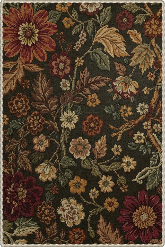 GENIMO 2X3 Washable Doormat, Vintage Floral Print Non-Slip Low Pile Chenille Area Rug, Small Entry Mat for Entrance Hallway Kitchen Bathroom, Floral Brown