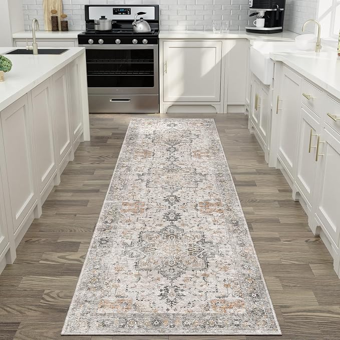 GENIMO Runner Rug 2'6"x4 Machine Washable Non Slip Vintage Hallway Runner Rug, Low Pile Lightweight Rugs for Indoor Entryway, Hallway, Kitchen and Corridor, Light Taupe Brown