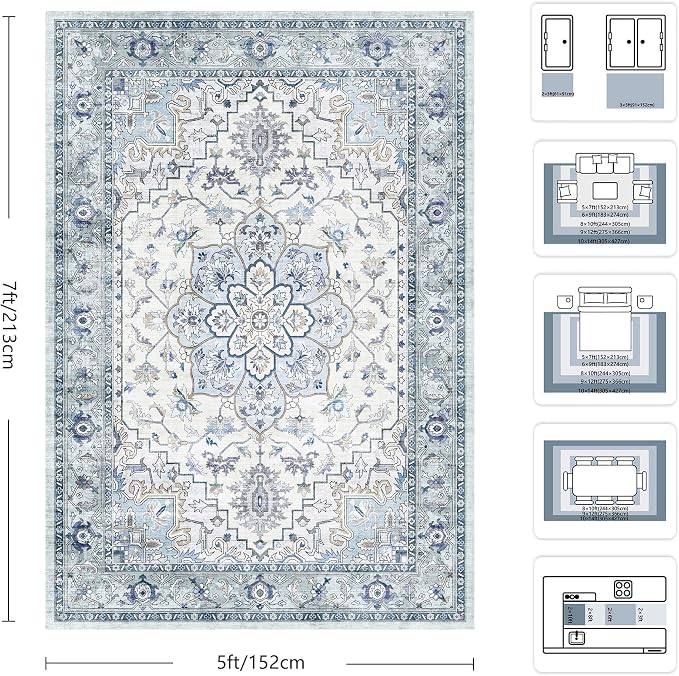 5x7 Area Rugs - Washable Rug Vintage Distress Boho Medallion Rugs for Living Room, Soft Non-Slip Backing Low Pile Carpet for Bedroom Dining Room Office Nursery Dorm Home, Blue Grey Purple