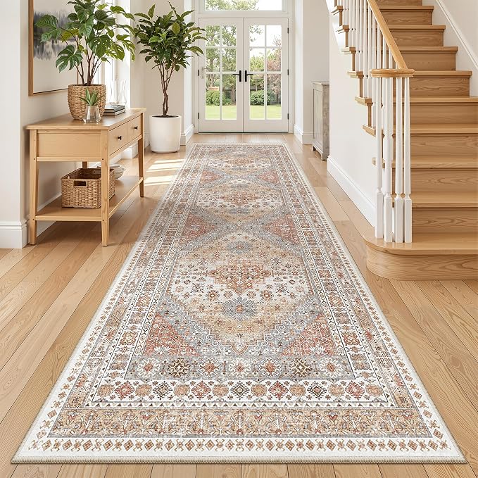 zesthome 3x10 Runner Rug Non Slip Washable for Entryway, Vintage Hallway Runner for Front Porch, Laundry Room, Bedroom, Abstract Stain Resistant Thin Indoor Kitchen Mats for Floor(Orange,3'x10')