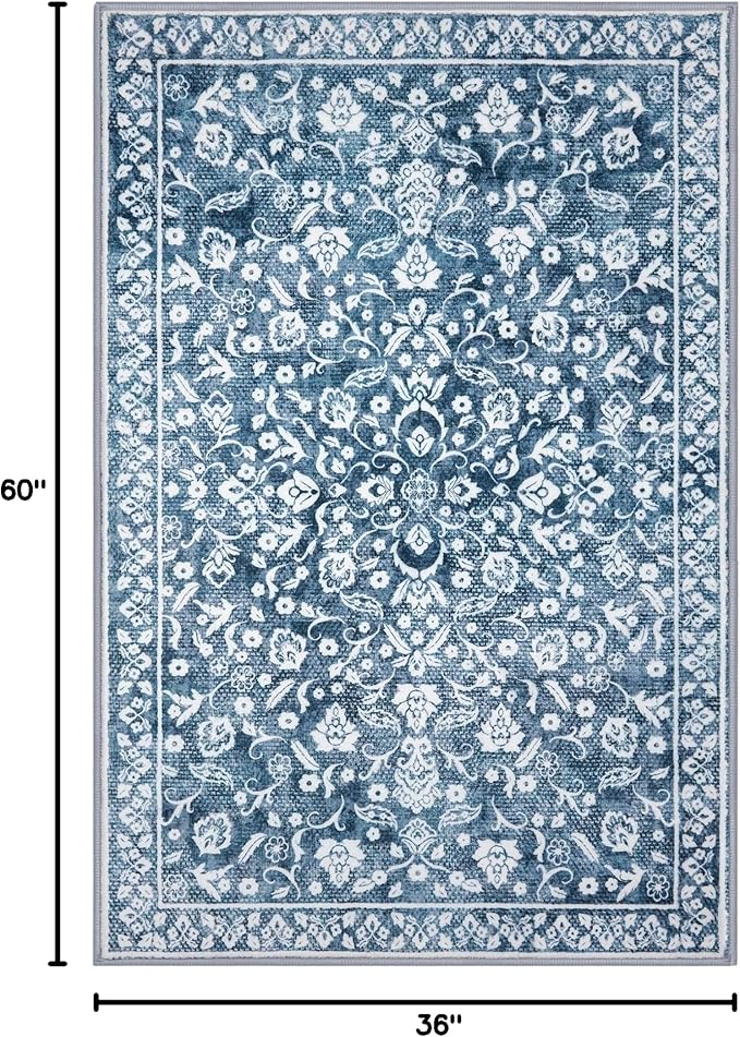 Vintage 3x5 Washable Rug for Entryway, Super Soft Blue and White Entryway Rug Non-Slip, Printed Faux Wool Floral 3x5 Area Rug Thin Floor Carpet for Kitchen, Bedroom, Office, Living Room