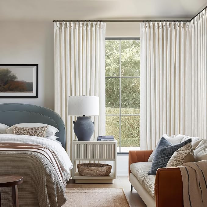 TWODRAPES Pinch Pleated Extra Wide Curtain Panels 90 Inches Long 70 Wide Linen Curtain for Patio Sliding Glass Door Cream Hooks Rings Semi Sheer Privacy 90 Inch Length for Living Room 70x90 1 Panel