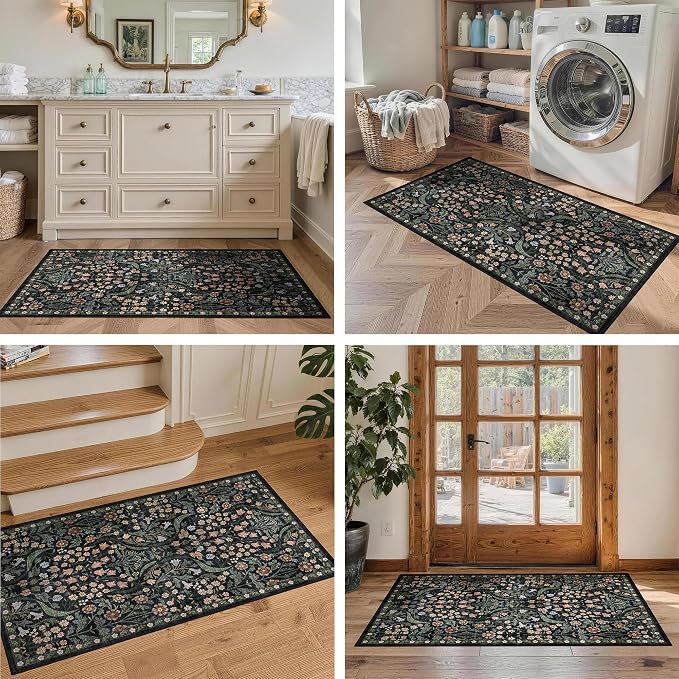 2x4 Washable Runner Rug Kitchen Hallway Area Rug Vintage Boho Floral Ultra Non-Slip Low Pile Soft Faux Wool Carpet Kids and Pets Friendly for Bathroom Bedroom Entryway Nursery Home Rug Black