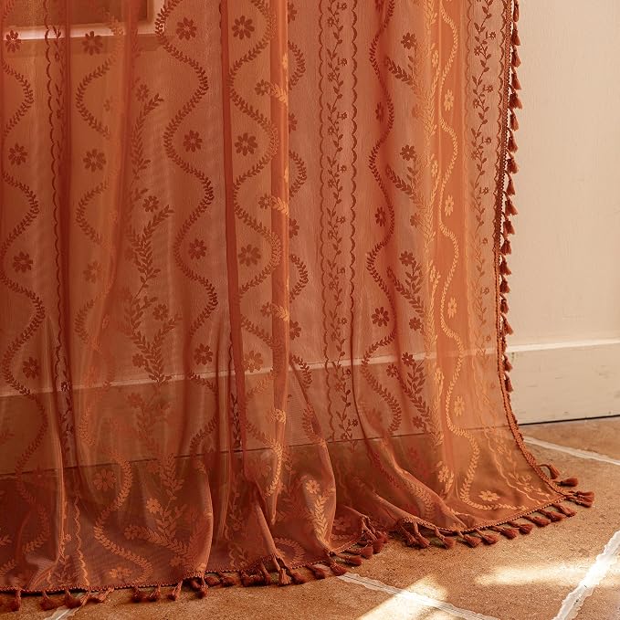 WAZZIO Boho Lace Curtains 96 Inch 2 Panels-Vintage Sheer Panel Drape Floral Pattern & Tassel Light Filtering Privacy for Bedroom Dining Living Room,Cottage Earthy Full Decor Terracotta,W52 x 96L