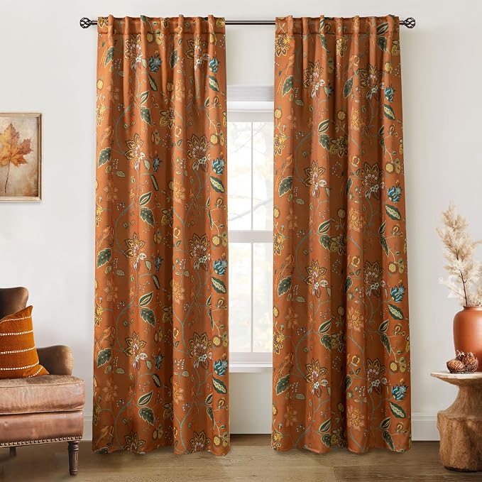 Pattern Black Out Curtains 96 Inches Long 2 Panel Set Rustic Farmhouse Blackout Curtain for Living Room,Earthy Rust Orange Olive Green Boho Vintage Floral Eclectic 70s Hippie Curtains for Bedroom