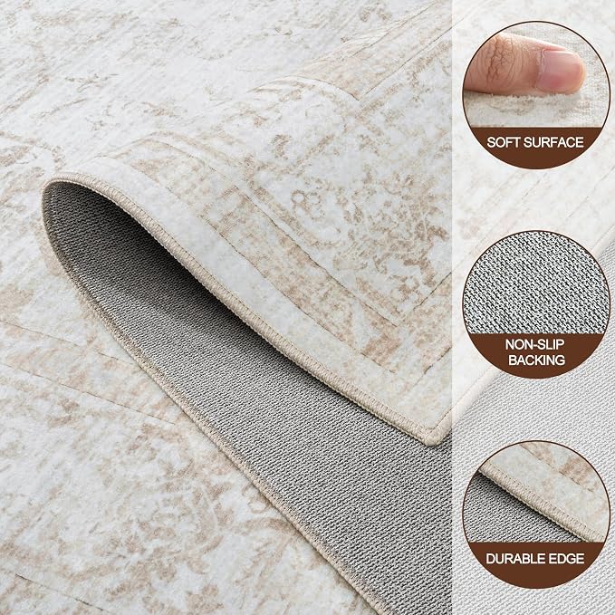 5x7 Area Rugs for Bedroom:Beige Washable Vintage Medallion Rug Non-Slip Soft Low Pile Large Rugs Indoor Retro Carpet for Living Room Kitchen Nursery Dining Table Office (Beige, 5'x7')