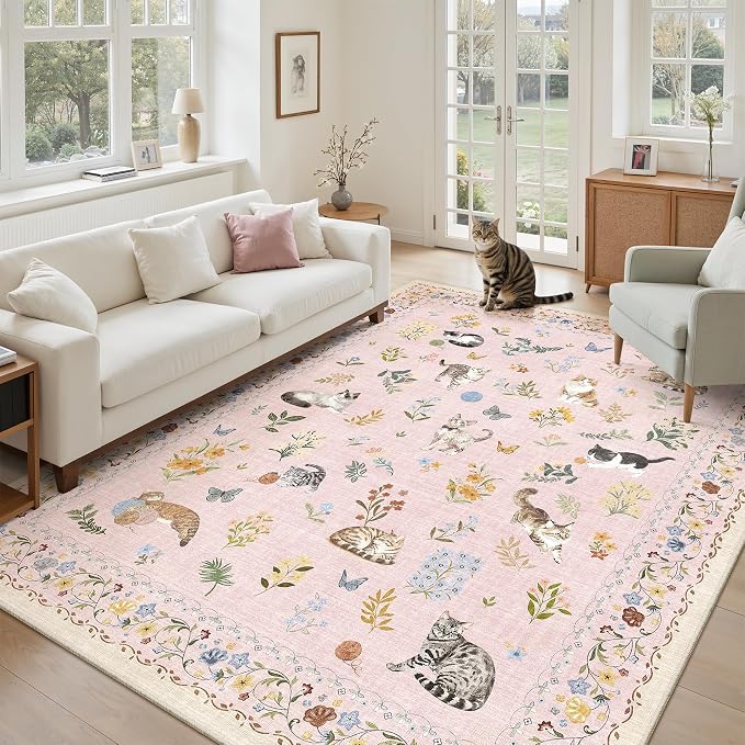 Soalmost Cat 5x7 Pink Area Rugs for Baby Girl Nursery, Machine Washable Animal Floral Vintage Rug Non-Slip Low Pile Soft Throw Rugs for Living Room Kitchen Dining Room Bedroom Playroom (5 x 7,Pink)