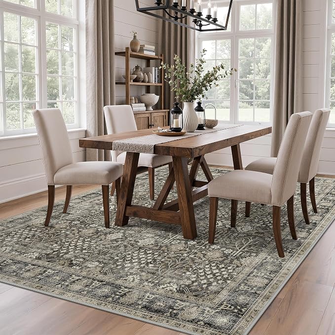 Bavni Area Rugs 8X10-Machine Washable Rug Lightweight Low Pile, Vintage Floral Rug Non-Shedding Distressed Throw Carpet for Living Room Bedroom Office, Black