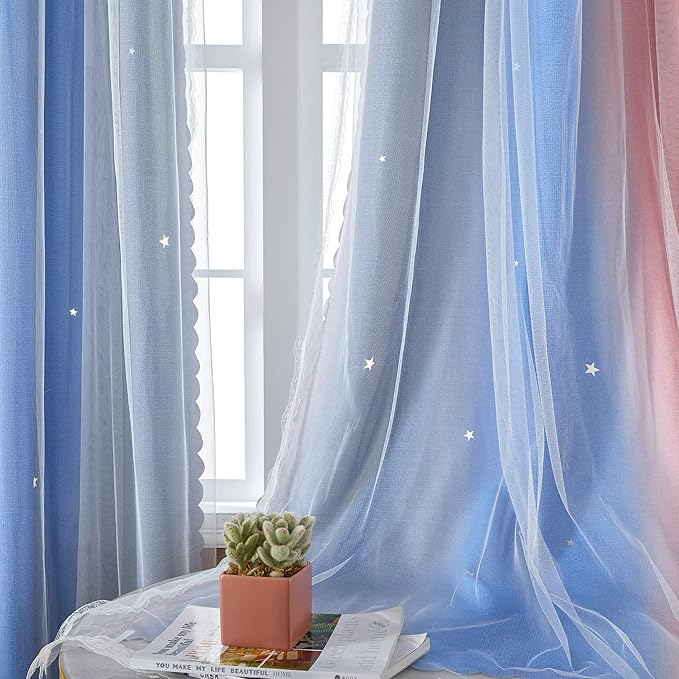XiDi Curtains for Bedroom Decor, Rainbow PinkGreyBlue-34-96