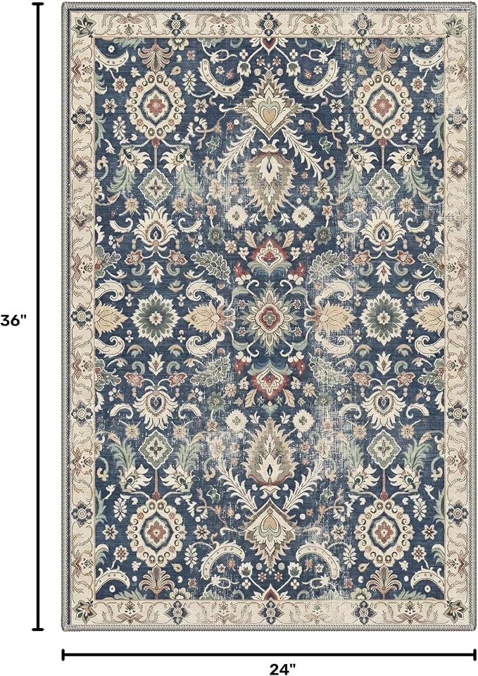Bavni 2x3 Doormat, Machine Washable Runner Rug Non Slip, Vintage Floral Floral Rugs for Entrance, Lightweight Low Pile Carpet for Hallways Kitchen and Corridor, Muted Navy
