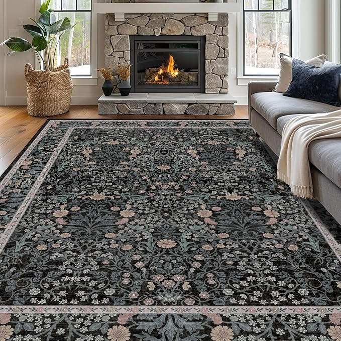 Vintage Black Living Room Rug, 8x10 Washable Area Rugs for Dining Room Under Table, Soft Low Pile Large Carpet Bedroom, Non-Slip Boho Floral (8 x 10 Black)