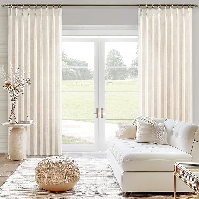 PleatedDrapes Extra Long 120 Inch Living Room Curtains, Ivory Beige Textured Flax Linen Back Tab Pleated Tall Sheer Curtains with Hooks 2 Panels for Large Windows, Privacy Light Filtering 10ft Drapes