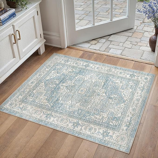 2x3 Washable Vintage Area Rug Blue Oriental Soft Entryway Throw Rug Neutral Non Slip Low Pile Small Carpet for Kitchen Bathroom Living Room Bedroom