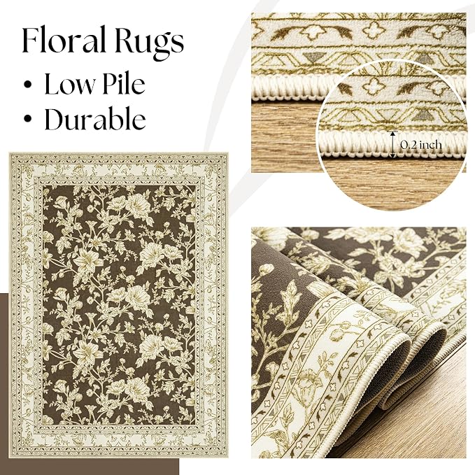 Floral Boho Rug 4x6 Washable Non Slip Area Rug Bohemian Carpet Door Mat Brown Beige Floral Distressed Modern Farmhouse Sketch Style Flower for Bedroom Foldable 4x6 for Entryway Living Room