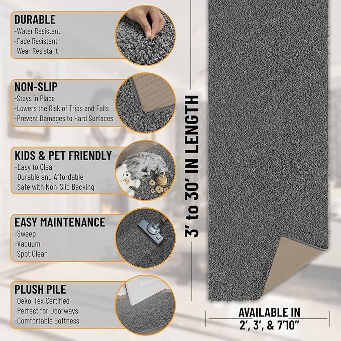Ottomanson Extra Large Shag Area Rug, Rugs for Living Room, Soft Fluffy Oversized Rug with Non-Slip Rubber Backing, Non-Shedding Rug for Under Couch & Furniture, 7'10" x 22', Gray
