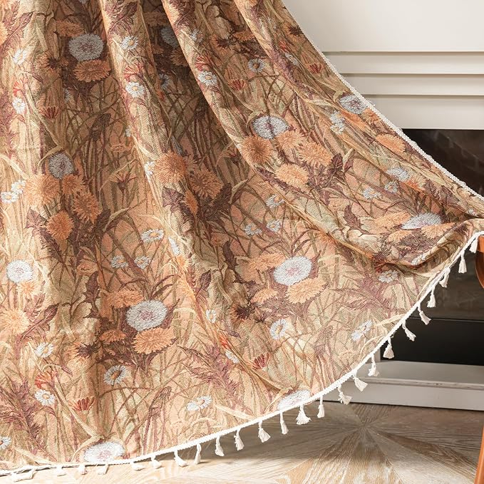 ENJOYBRIDAL Dandelion Curtains 63 Inches Long Bedroom Boho Drapes Short Semi Sheer Jacquard Rod Pocket Window Curtain Panels Vintage Living Room 2 Panels Decorative Tassel Farmhouse Window Treatments