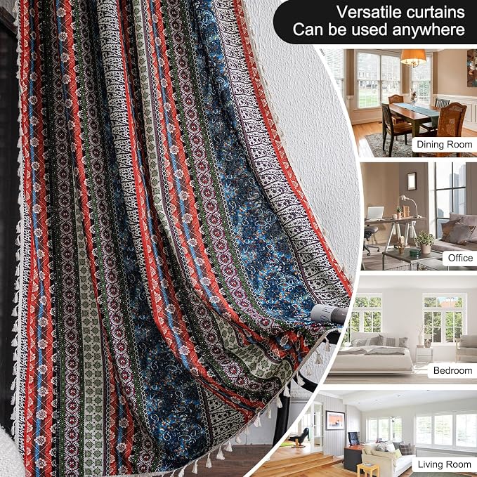 VOGOL Boho Curtains 96 Inches Length, Linen Textured Curtain Panels for Dining Room, Bohemia Style Rod Pocket Window Treatments for French Door, 1 Piece, Red & Blue