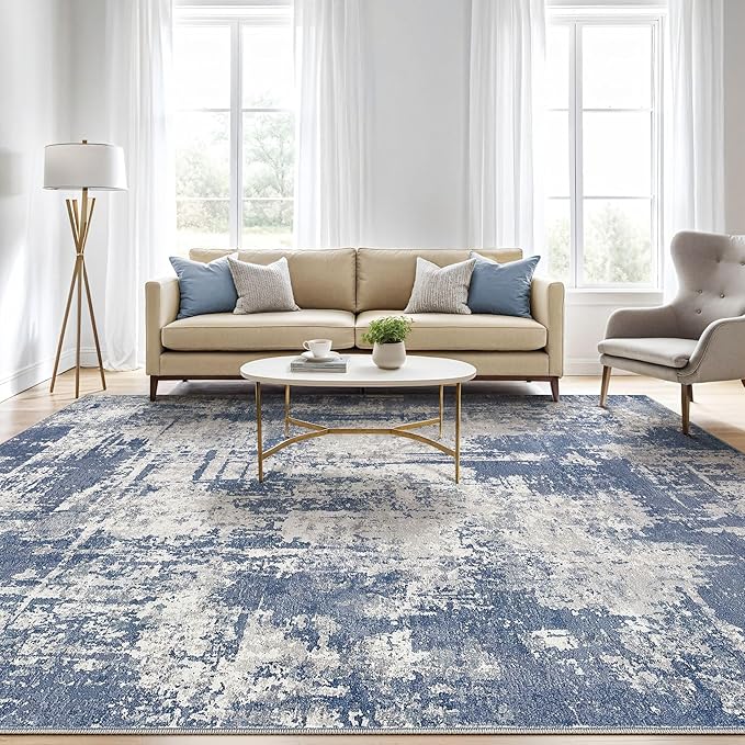 Area Rugs 9x12 Living Room: Washable Large Abstract Modern Soft Rugs Stain Resistant Indoor Floor Non Slip Accent Carpet for Bedroom Nursery Playroom Office Dining Room Dorm Home Decor- Navy Grey