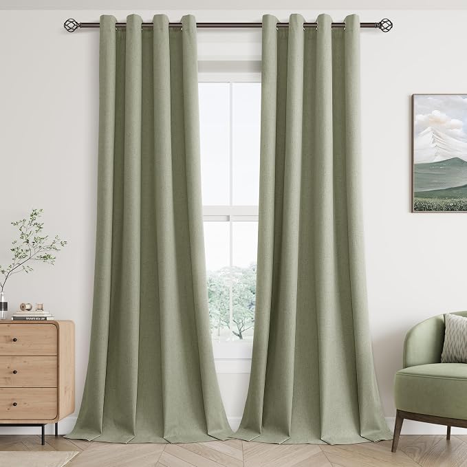 Jowels Sage Green Linen Blackout Curtains 100 Length 2 Panels Set for Living Room Bedroom, 100% Black Out Thermal Insulated Linen Drapes, Room Darkening Grommet Curtains 100 Inches Long