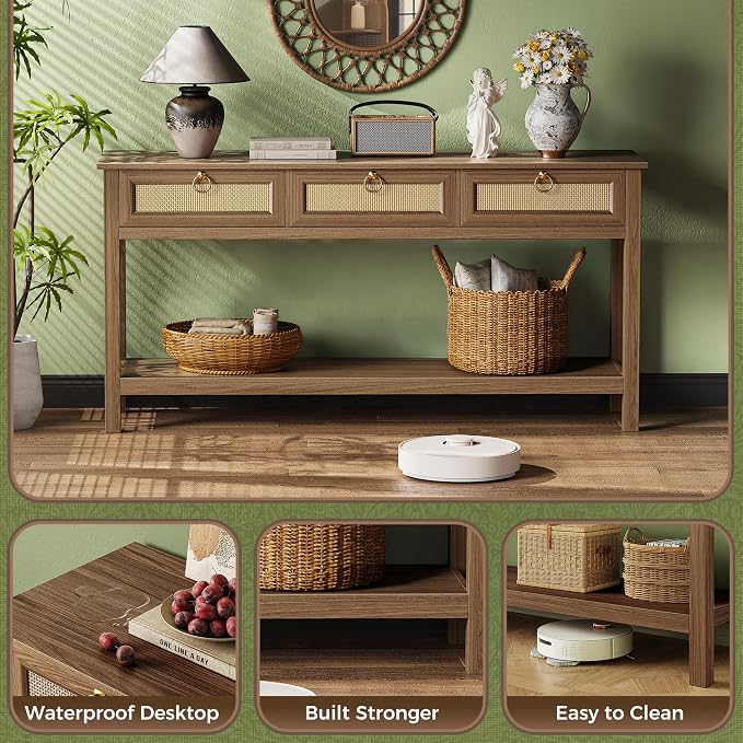 SUPERJARE Rattan Console Sofa Table with Outlets and USB-C Port, 3 Drawer Entryway Table with Synthetic Rattan Surface, 53.9 Inch, Open Shelf, Behind Couch Entry Foyer Hallway Storage, Brown