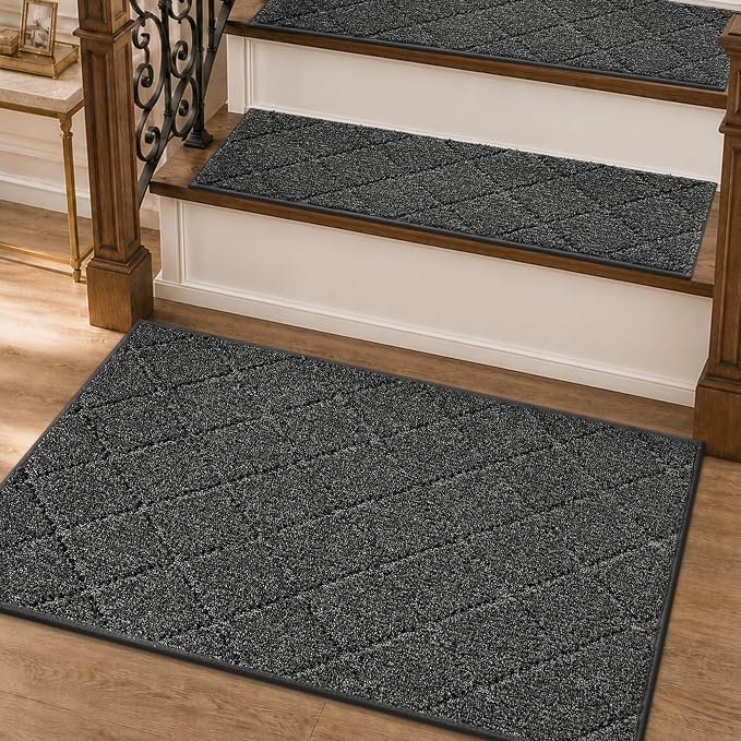 COSY HOMEER Edging Stair Treads Non-Slip Corner Indoor Stair Runners for Wooden Steps,Landing Slip Resistant Stair Rugs for Kids and Dogs, 100% Polyester TPE Backing,Black,20"X32"